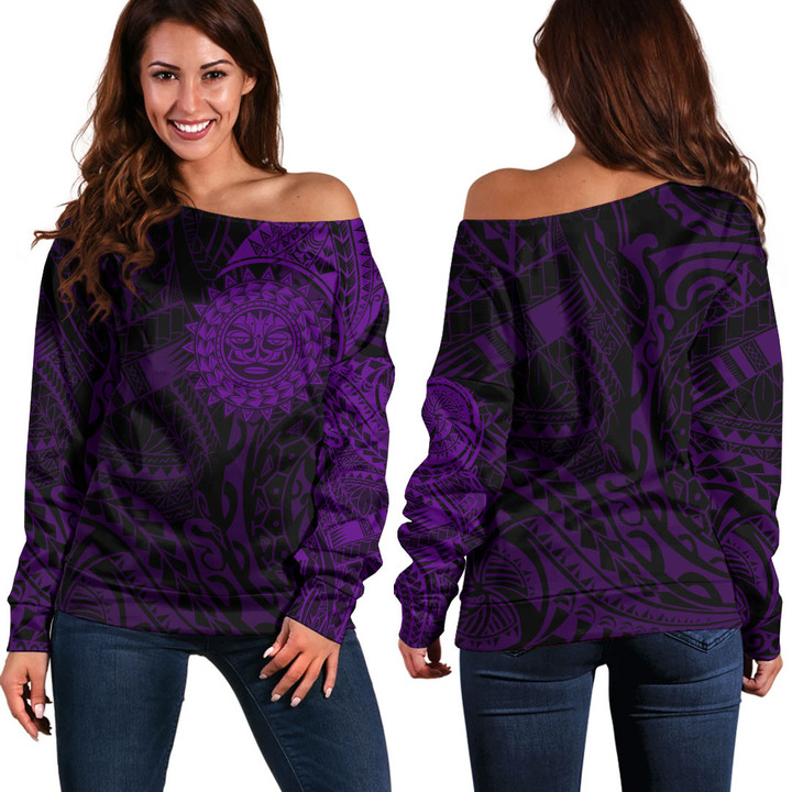 Alohawaii Clothing - Polynesian Sun Tattoo Style - Purple Version Off Shoulder Sweater A7 | Alohawaii