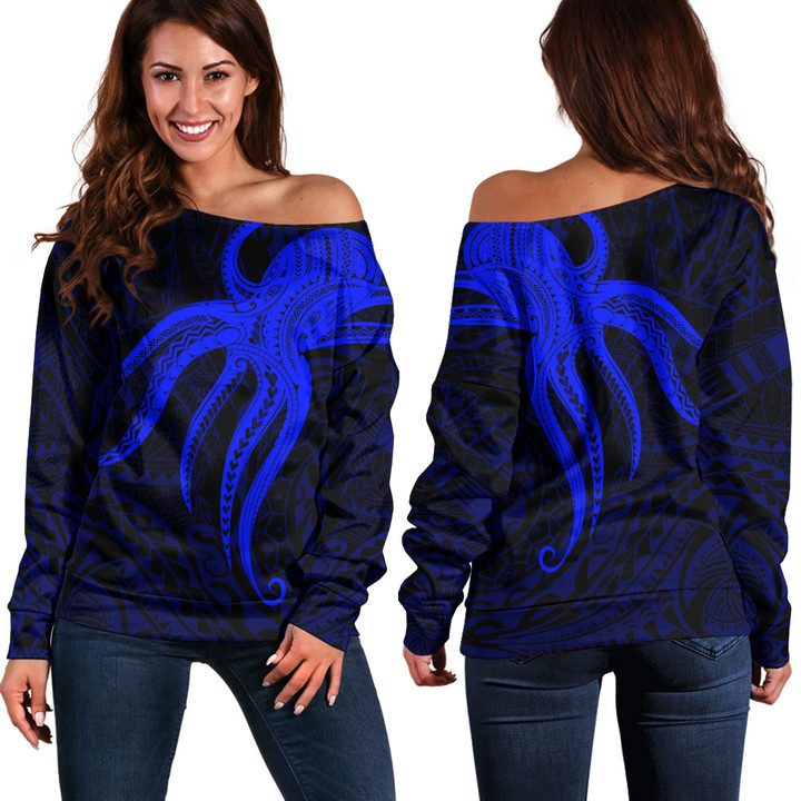 Alohawaii Clothing - Polynesian Tattoo Style Octopus Tattoo - Blue Version Off Shoulder Sweater A7 | Alohawaii