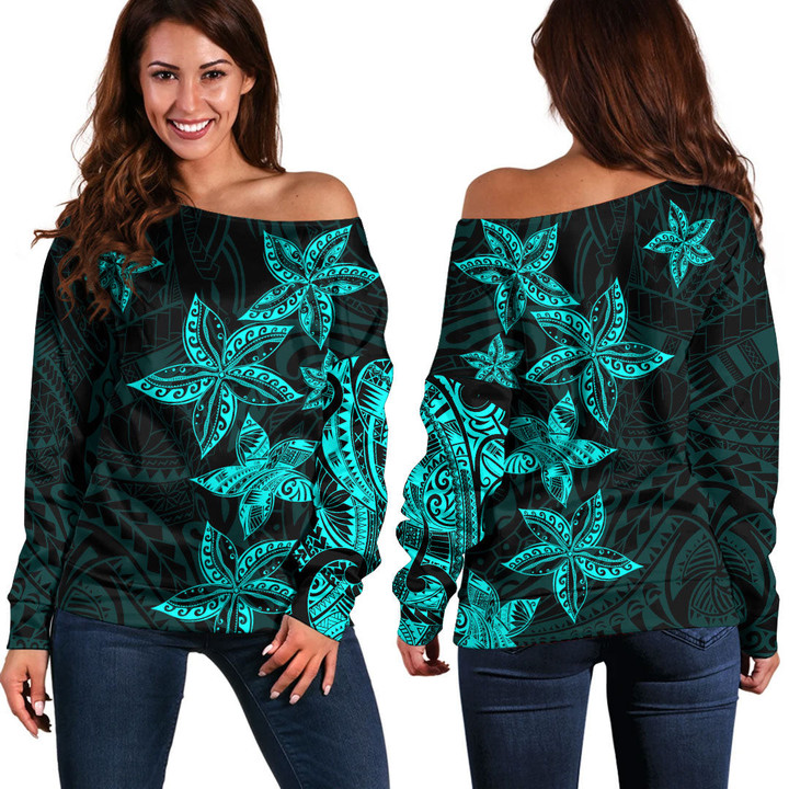 Alohawaii Clothing - Polynesian Tattoo Style - Cyan Version Off Shoulder Sweater A7 | Alohawaii