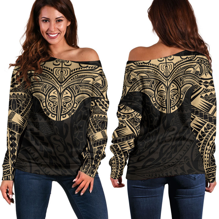 Alohawaii Clothing - Polynesian Tattoo Style Tattoo - Gold Version Off Shoulder Sweater A7 | Alohawaii