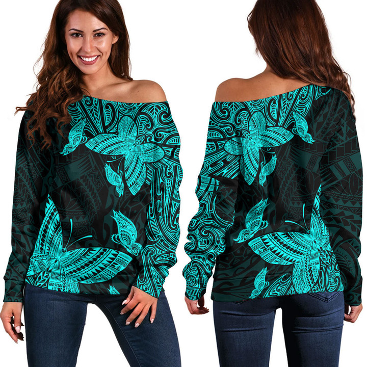 Alohawaii Clothing - Polynesian Tattoo Style Butterfly Special Version - Cyan Version Off Shoulder Sweater A7 | Alohawaii