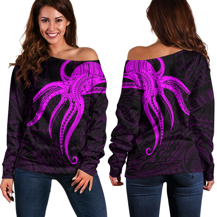 Alohawaii Clothing - Polynesian Tattoo Style Octopus Tattoo - Pink Version Off Shoulder Sweater A7 | Alohawaii