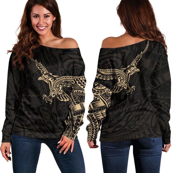 Alohawaii Clothing - Polynesian Tattoo Style Crow - Gold Version Off Shoulder Sweater A7 | Alohawaii