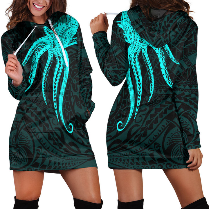 Alohawaii Clothing - Polynesian Tattoo Style Octopus Tattoo - Cyan Version Hoodie Dress A7 | Alohawaii