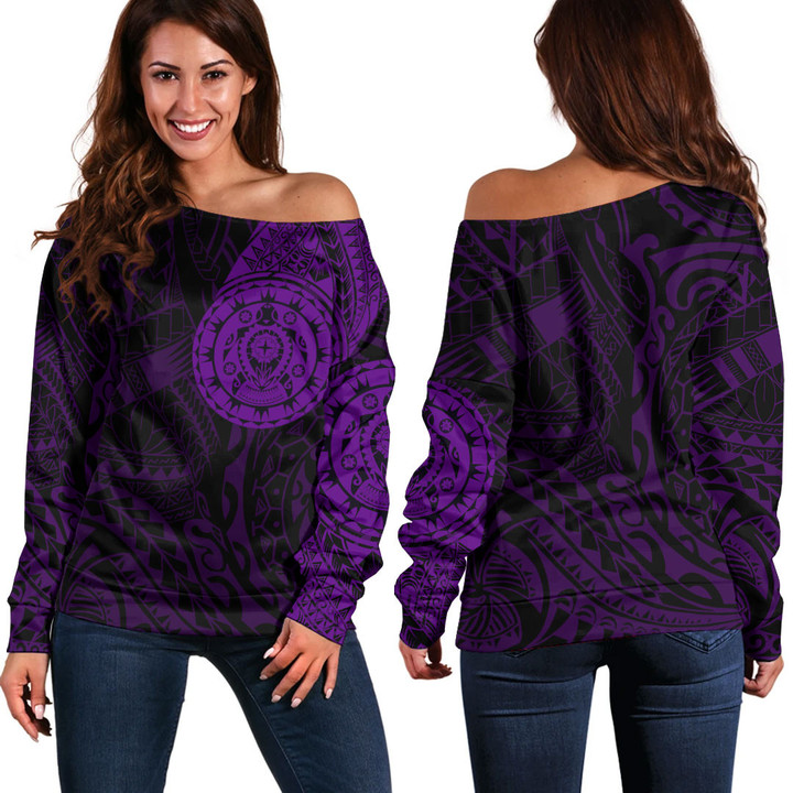 Alohawaii Clothing - Polynesian Tattoo Style Turtle - Purple Version Off Shoulder Sweater A7 | Alohawaii