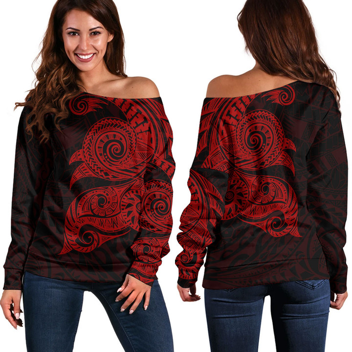 Alohawaii Clothing - Polynesian Tattoo Style Tatau - Red Version Off Shoulder Sweater A7 | Alohawaii