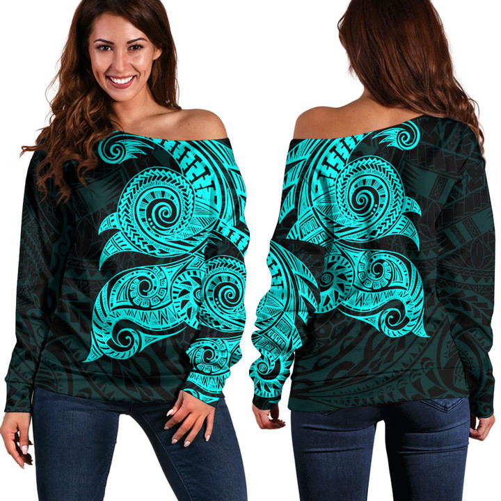 Alohawaii Clothing - Polynesian Tattoo Style Tatau - Cyan Version Off Shoulder Sweater A7 | Alohawaii