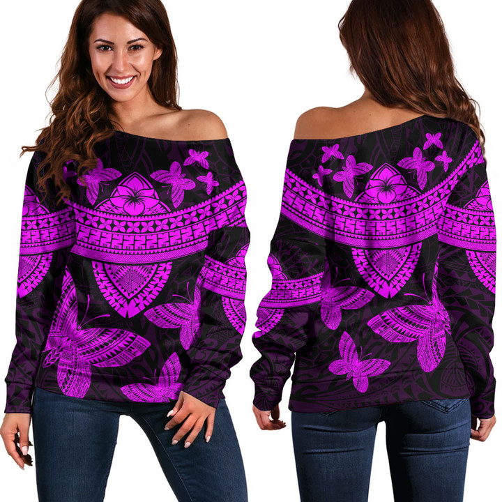 Alohawaii Clothing - Polynesian Tattoo Style Butterfly - Pink Version Off Shoulder Sweater A7 | Alohawaii