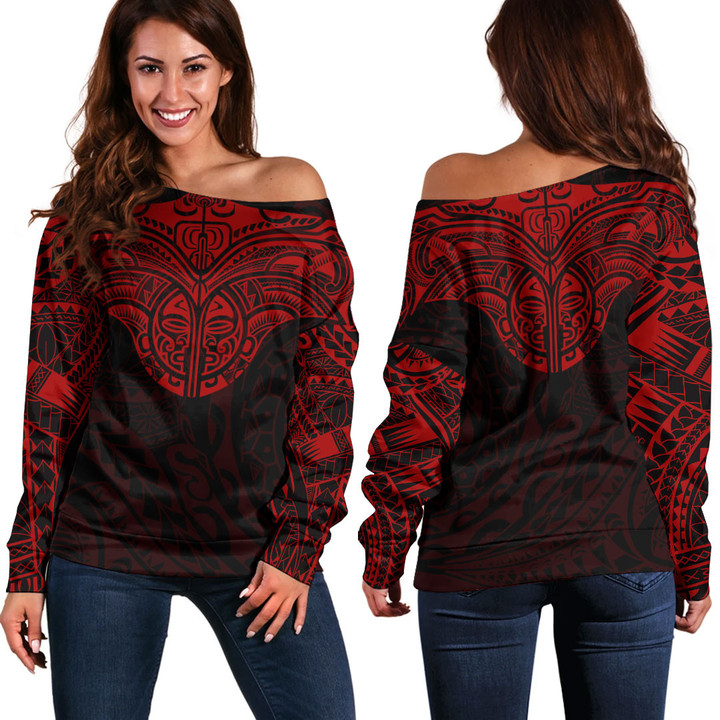 Alohawaii Clothing - Polynesian Tattoo Style Tattoo - Red Version Off Shoulder Sweater A7 | Alohawaii