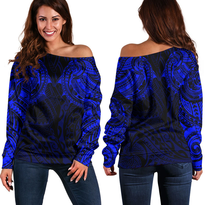 Alohawaii Clothing - Polynesian Tattoo Style - Blue Version Off Shoulder Sweater A7 | Alohawaii