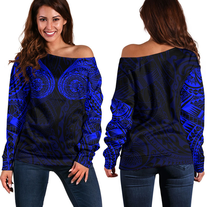 Alohawaii Clothing - Polynesian Tattoo Style - Blue Version Off Shoulder Sweater A7 | Alohawaii