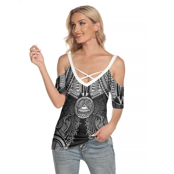 1sttheworld Clothing - American Samoa Tattoo Cold Shoulder T-shirt With Criss Cross Strips A31 | 1sttheworld