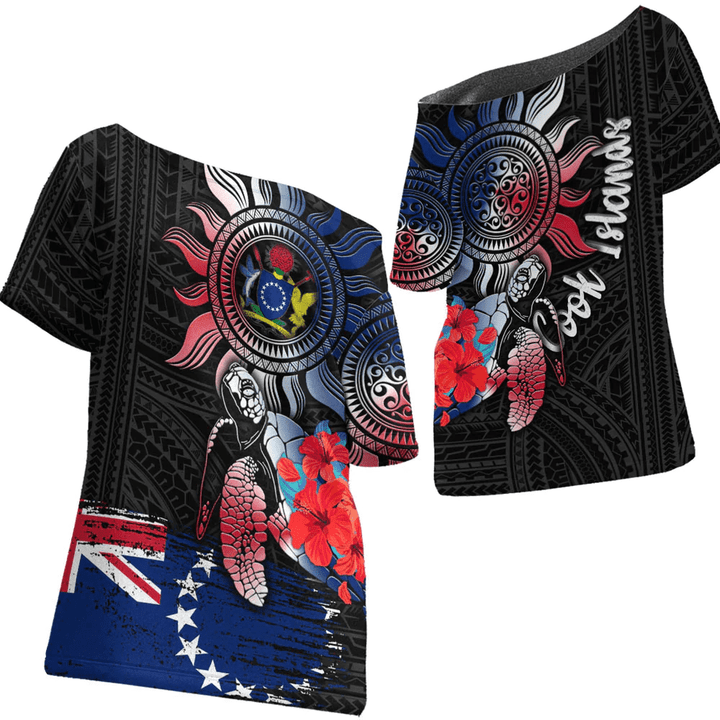 Cook Islands Polynesian Sun and Turtle Tattoo Off Shoulder T-Shirt A35 | Alohawaii