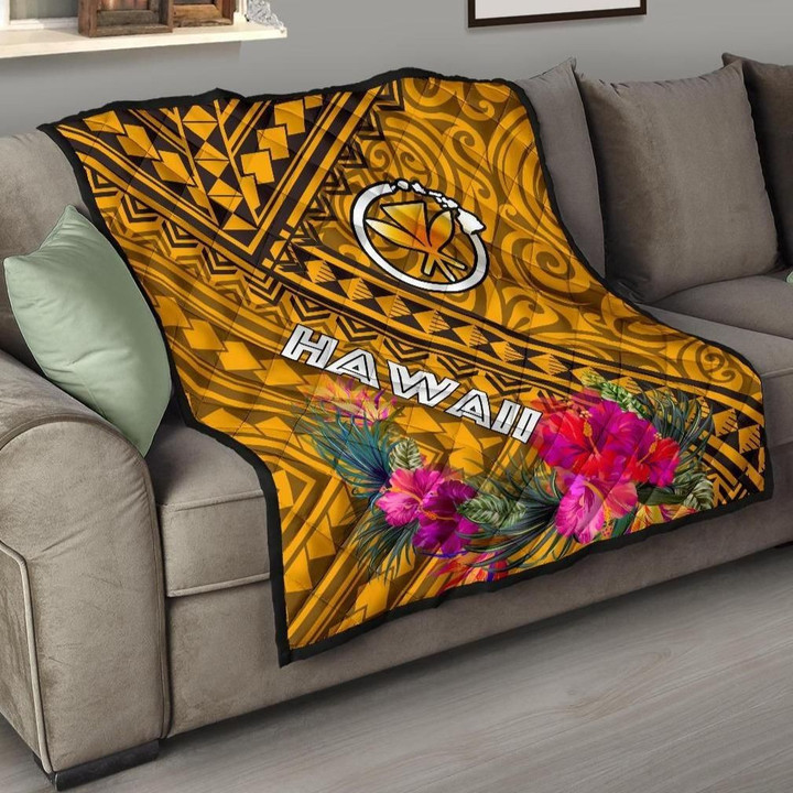 Alohawaii Home Set - Premium Quilt Hawaii - Kanaka Maoli With Hibiscus On Polynesian Patterns (YELLOW) - BN25