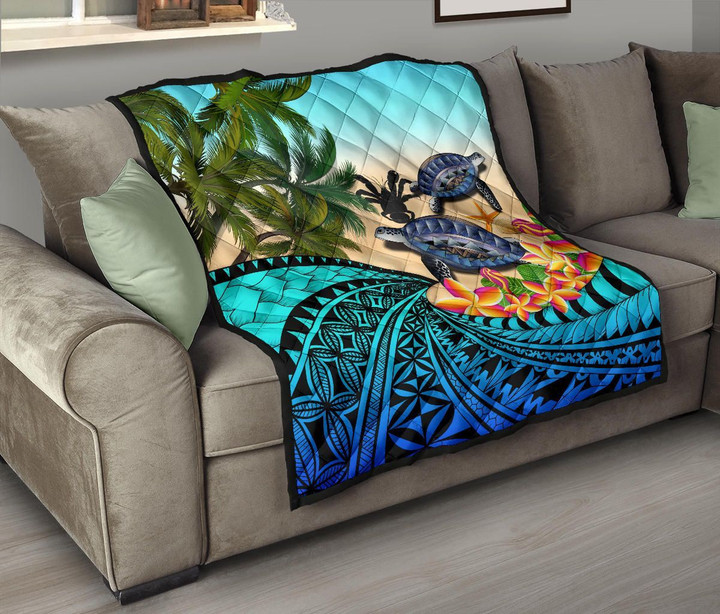 Alohawaii Home Set - Premium Quilt Niue - Polynesian Turtle Coconut Tree And Plumeria A24