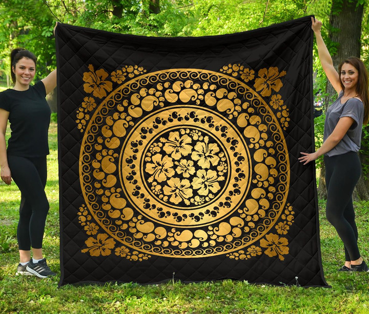 Alohawaii Quilt - Hibiscus Gold Circle Tapestry Premium Quilt - AH J9