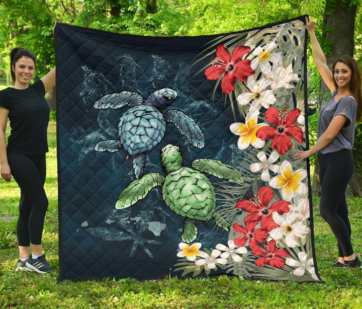 Alohawaii Home Set - Premium Quilt Kanaka Maoli (Hawaiian) - Sea Turtle Tropical Hibiscus And Plumeria A24