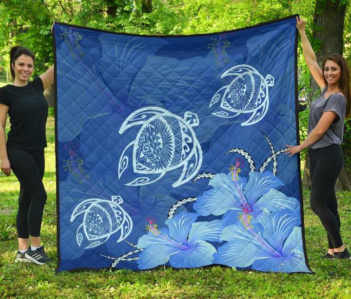 Alohawaii Quilt - Hawaii Blue Hibiscus Turtle Polynesian Premium Quilt - AH - J4