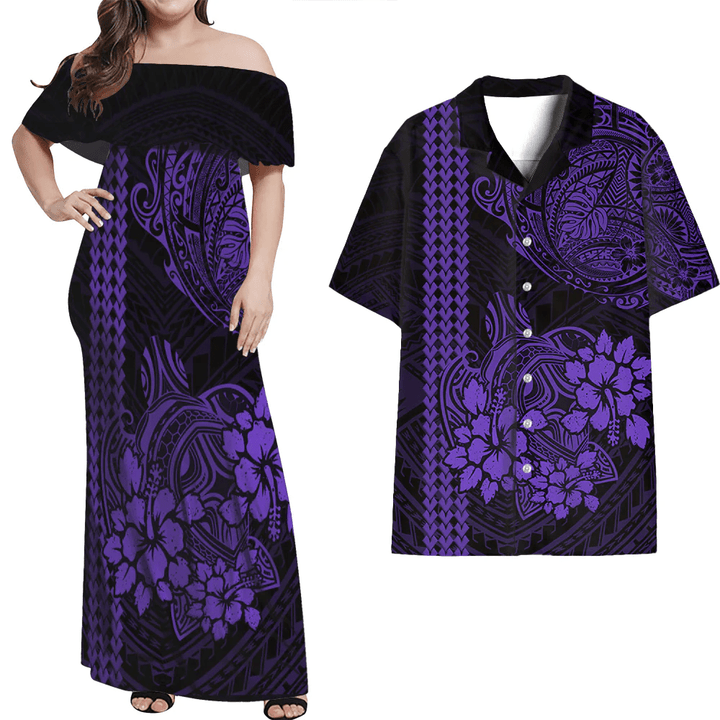 Alohawaii Combo Dress and Shirt - Polynesian Turtle With Hibiscus Tattoo Purple A31