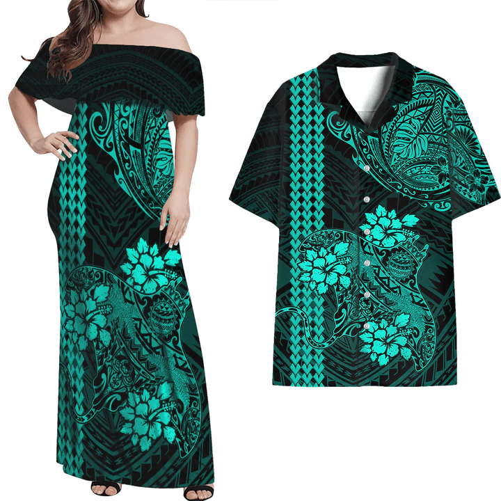Alohawaii Combo Dress and Shirt - Polynesian Manta Ray With Hibiscus Tattoo Turquoise A31