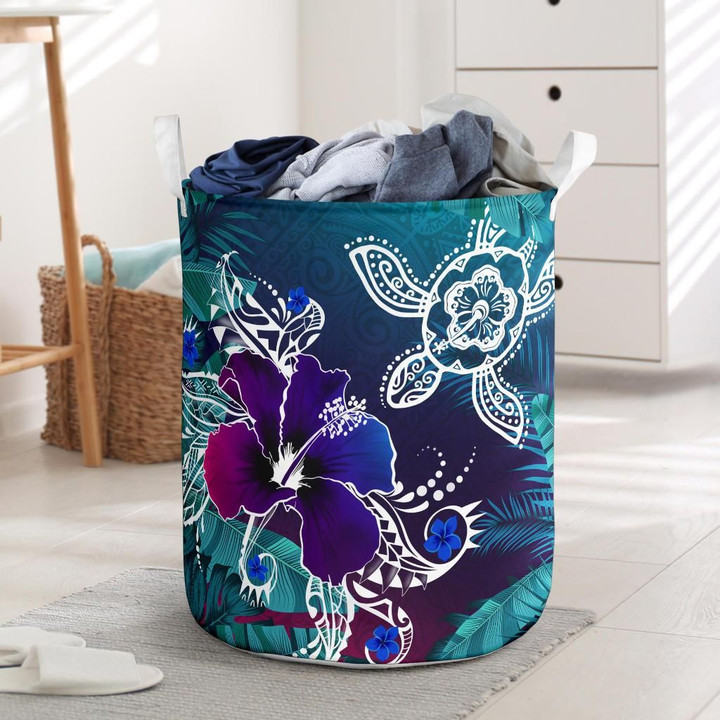 Alohawaii Accesory - Alohawaii Laundry Basket - Hawaii Turtle Flowers And Palms Retro