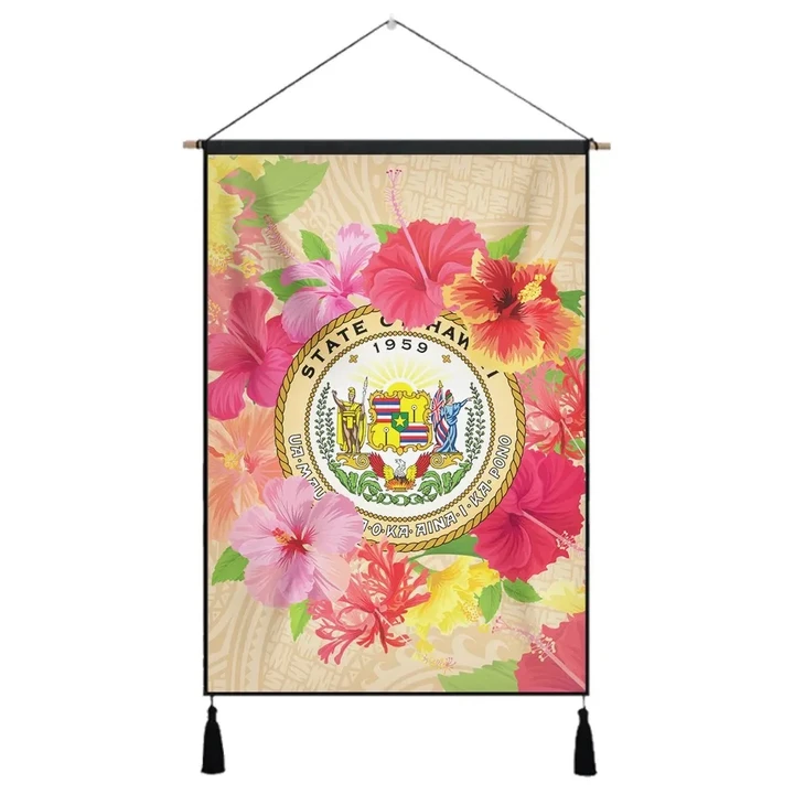 Alohawaii Poster - Hawaii Coat Of Arm Hibiscus Hanging Poster