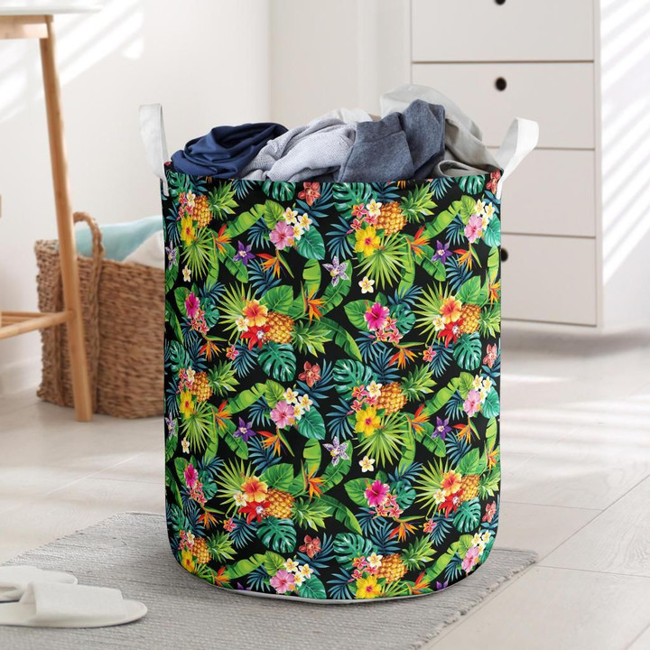 Alohawaii Accesory - Tropical Pattern With Pineapples Palm Leaves And Flowers Hawaii Laundry Basket