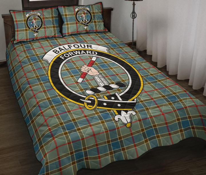 Balfour Blue Tartan Quilt Bed Set Clan Badge K7