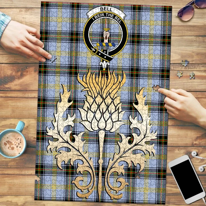 Bell of the Borders Clan Crest Tartan Thistle Gold Jigsaw Puzzle K32