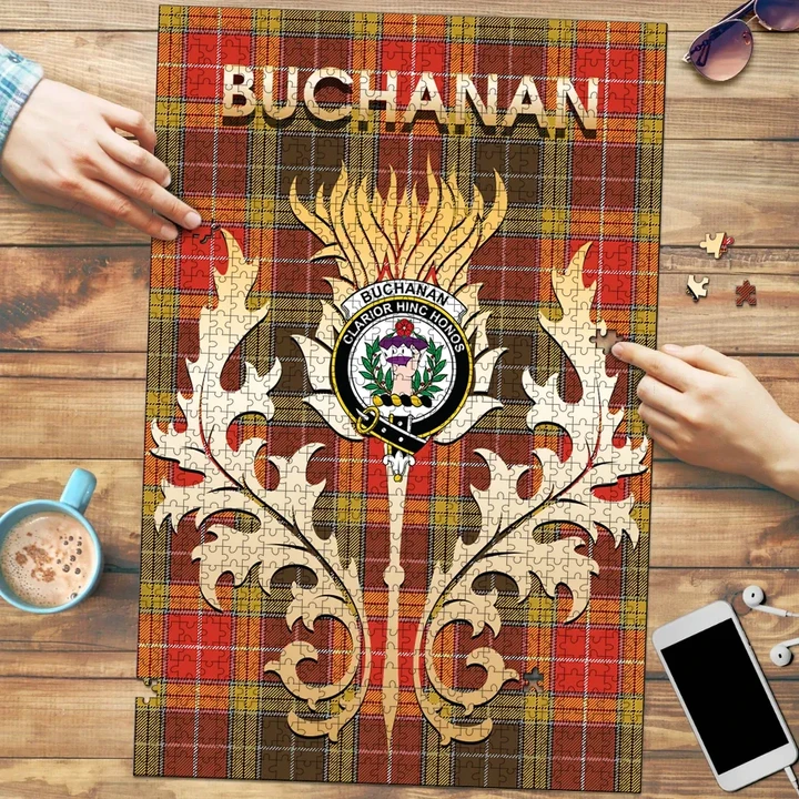 Buchanan Old Set Weathered Clan Name Crest Tartan Thistle Scotland Jigsaw Puzzle K32