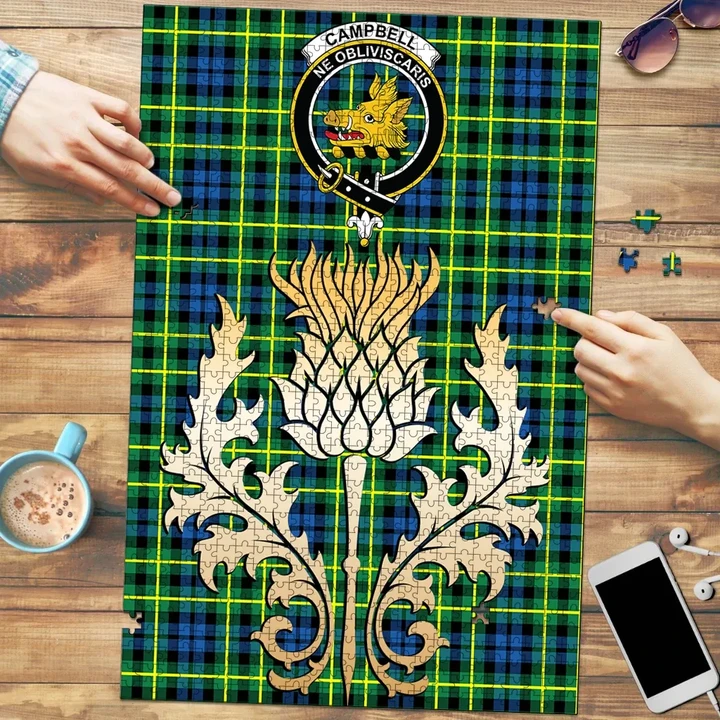 Campbell of Breadalbane Ancient Clan Crest Tartan Thistle Gold Jigsaw Puzzle K32