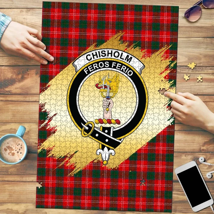 Chisholm Modern Clan Crest Tartan Jigsaw Puzzle Gold K32