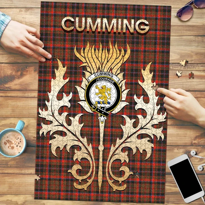 Cumming Hunting Weathered Clan Name Crest Tartan Thistle Scotland Jigsaw Puzzle K32