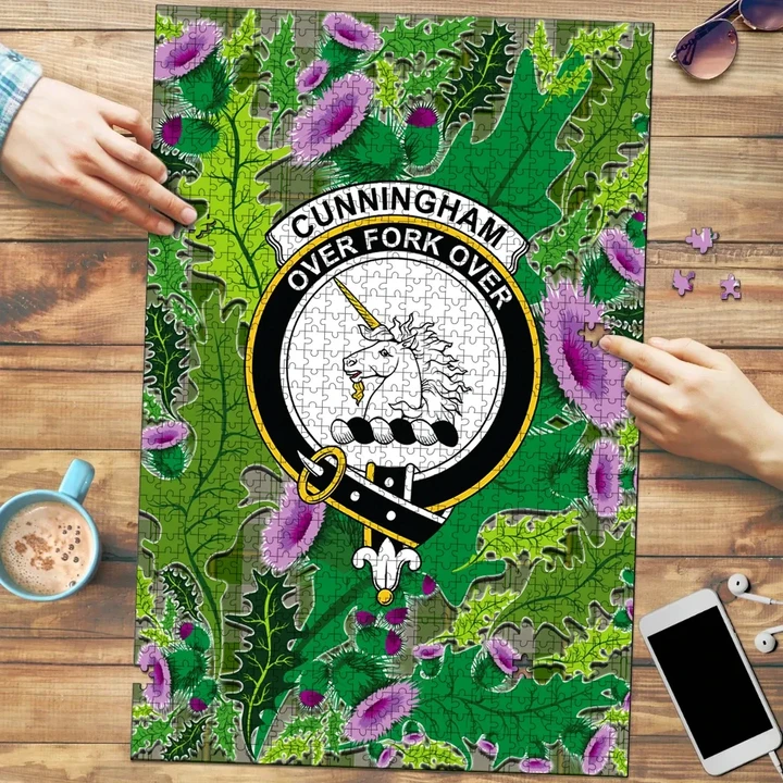 Cunningham Dress Green Dancers Clan Crest Tartan Thistle Pattern Scotland Jigsaw Puzzle K32