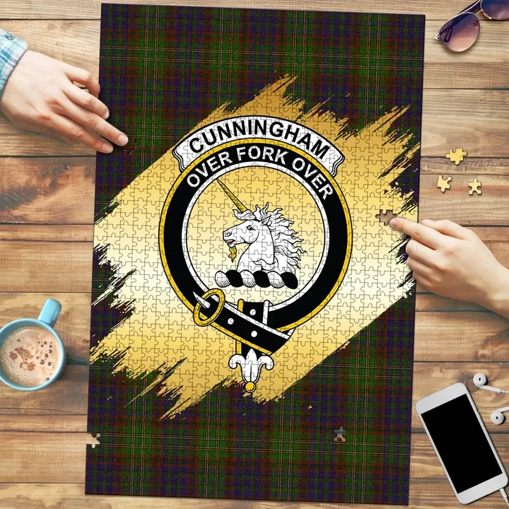 Cunningham Hunting Modern Clan Crest Tartan Jigsaw Puzzle Gold K32
