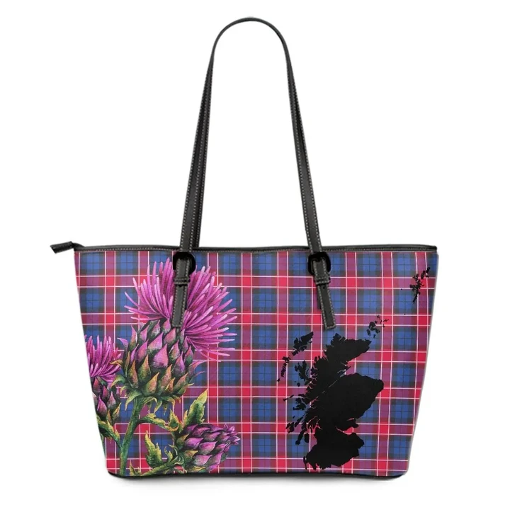 Graham of Menteith Red Tartan Leather Tote Bag Thistle Scotland Maps A91