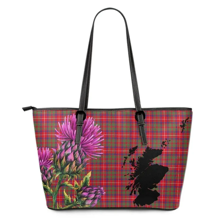 Shaw Red Modern Tartan Leather Tote Bag Thistle Scotland Maps A91