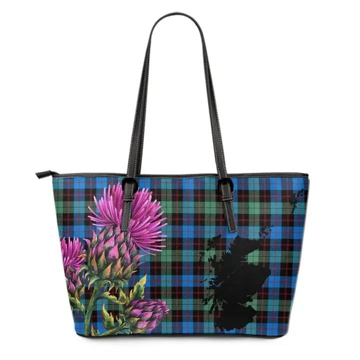 Guthrie Ancient Tartan Leather Tote Bag Thistle Scotland Maps A91