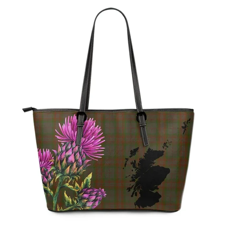 Gray Hunting Tartan Leather Tote Bag Thistle Scotland Maps A91