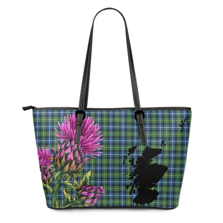 MacNeil of Colonsay Modern Tartan Leather Tote Bag Thistle Scotland Maps A91