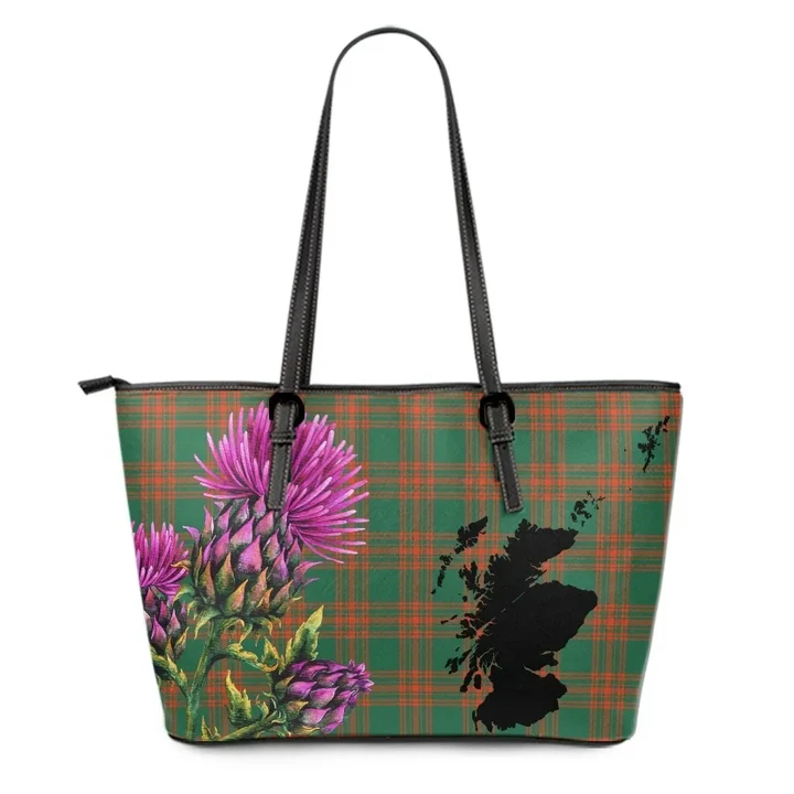 Menzies Green Ancient Tartan Leather Tote Bag Thistle Scotland Maps A91