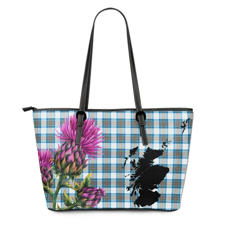 Stewart Muted Blue Tartan Leather Tote Bag Thistle Scotland Maps A91
