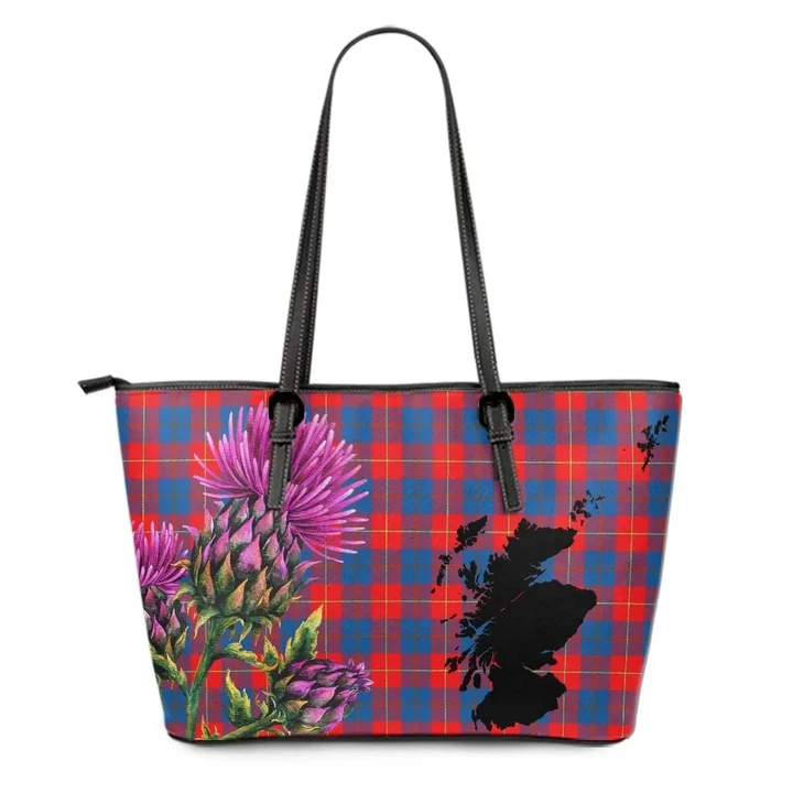 Galloway Red Tartan Leather Tote Bag Thistle Scotland Maps A91