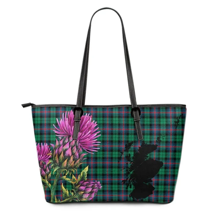 Urquhart Broad Red Ancient Tartan Leather Tote Bag Thistle Scotland Maps A91
