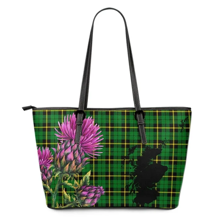Wallace Hunting - Green Tartan Leather Tote Bag Thistle Scotland Maps A91