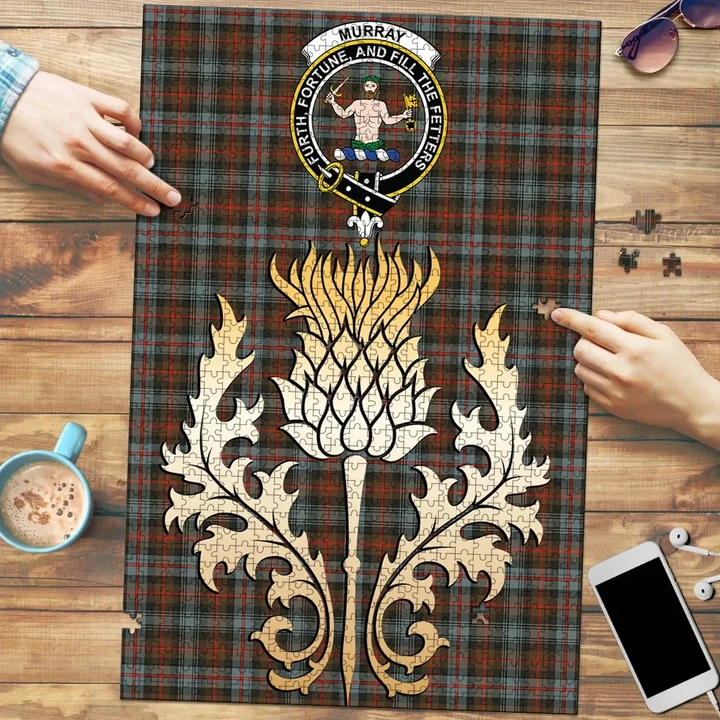 Murray of Atholl Weathered Clan Crest Tartan Thistle Gold Jigsaw Puzzle