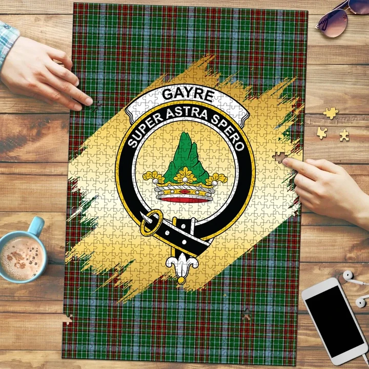Gayre Clan Crest Tartan Jigsaw Puzzle Gold