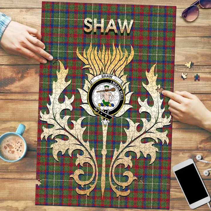Shaw Green Modern Clan Name Crest Tartan Thistle Scotland Jigsaw Puzzle