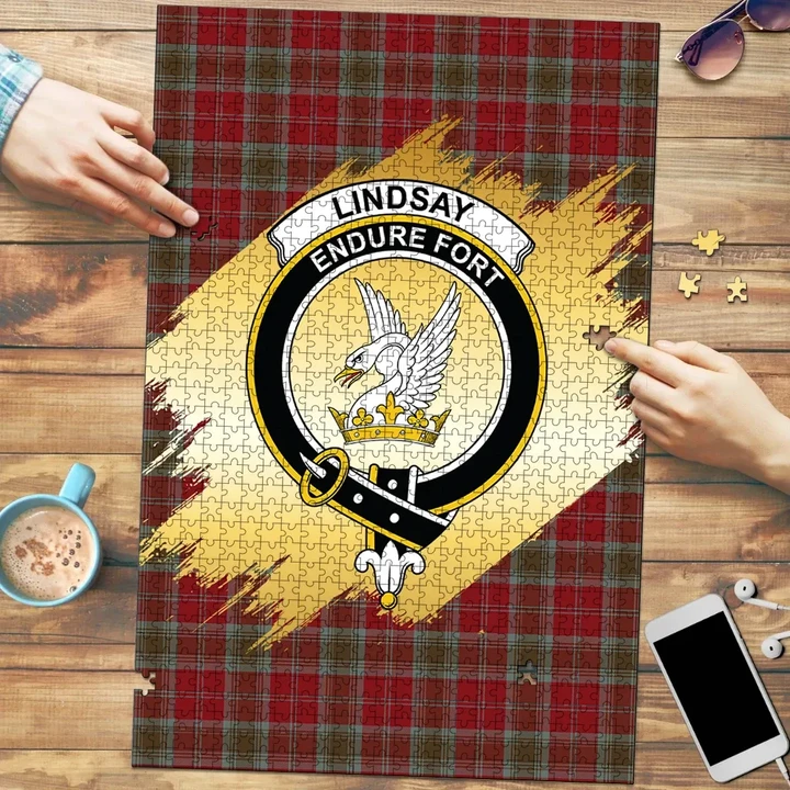 Lindsay Weathered Clan Crest Tartan Jigsaw Puzzle Gold