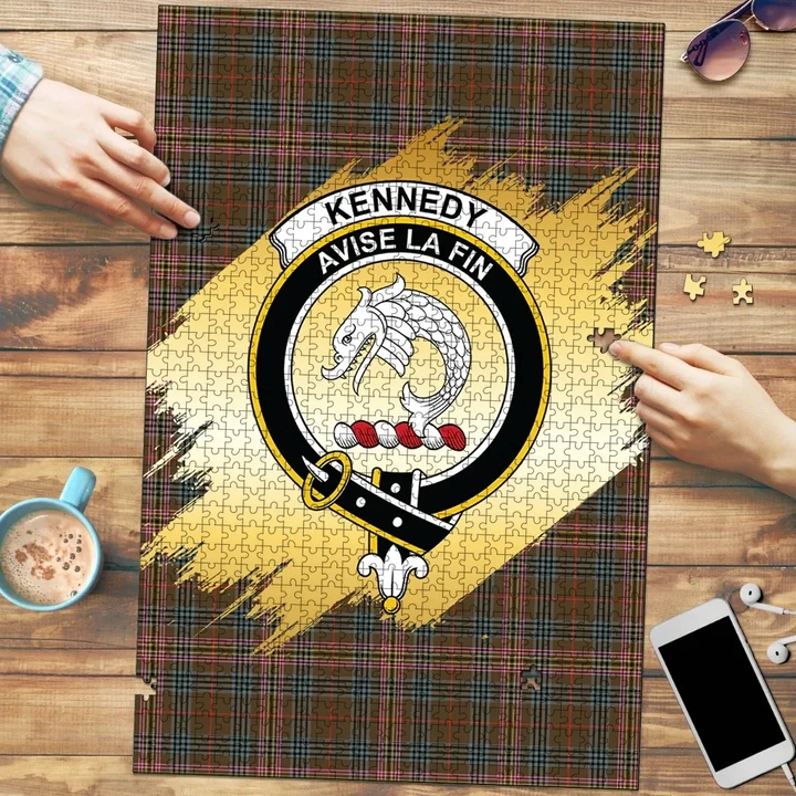 Kennedy Weathered Clan Crest Tartan Jigsaw Puzzle Gold